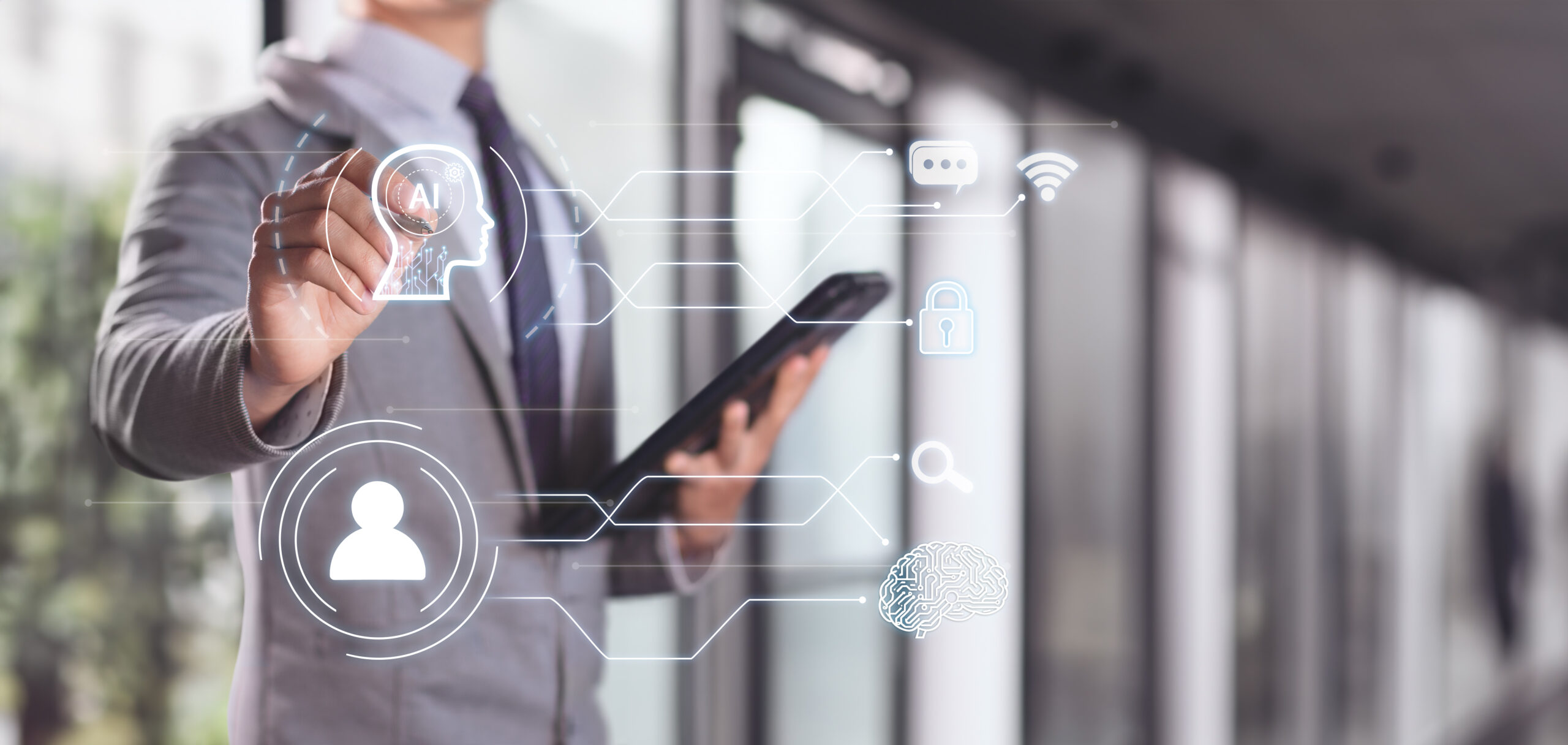 Businessman interacting with an AI interface, symbolizing automation and business process optimization.